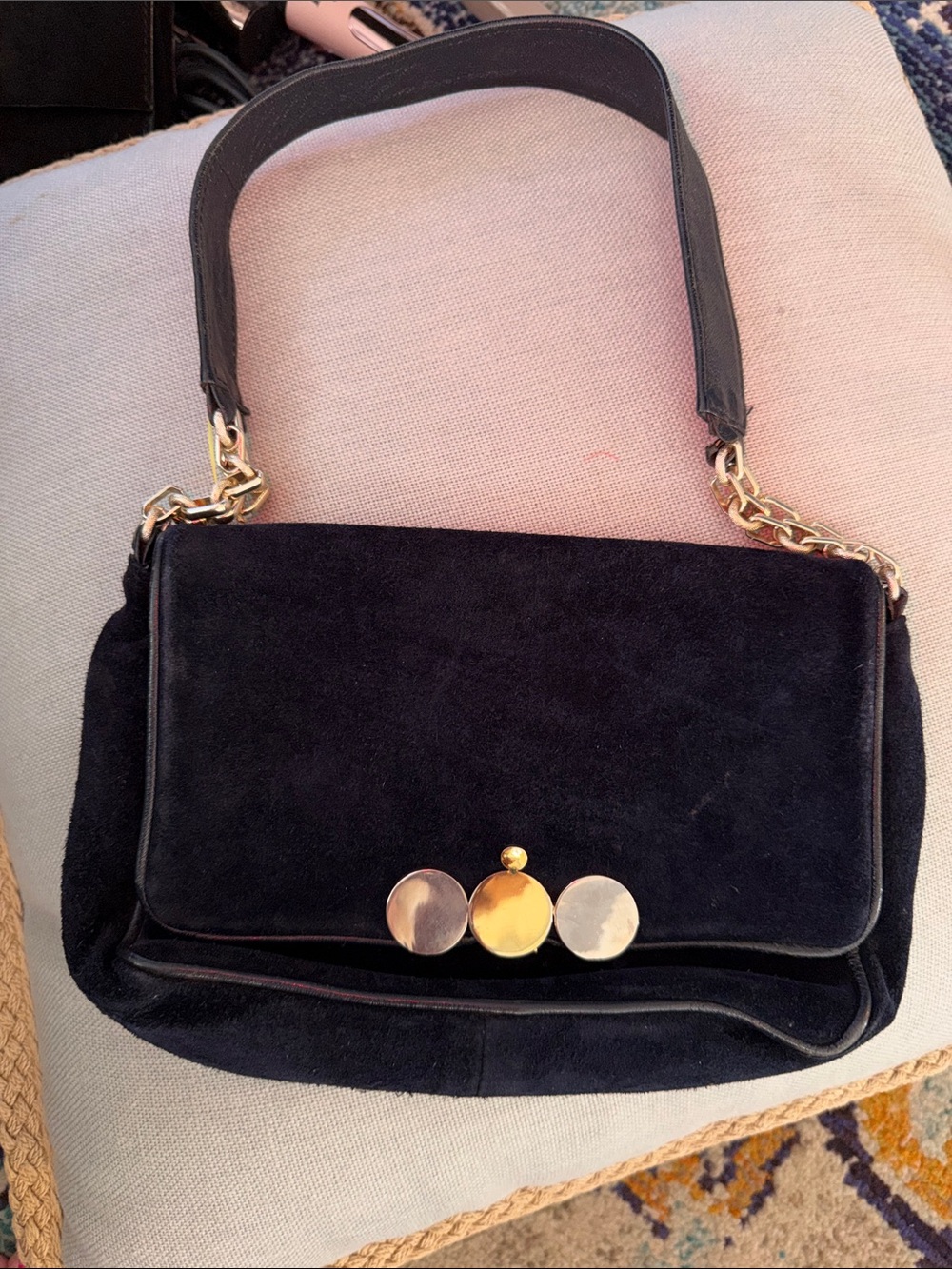 Black Suede Shoulder Bag with Gold Accent Closure